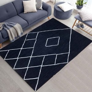 Handmade Geometric Blue White Jute Rug