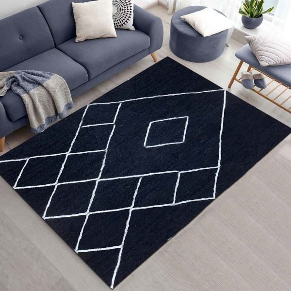 Handmade Geometric Blue White Jute Rug - Image 2
