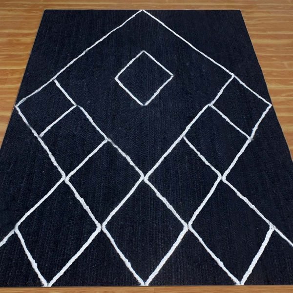 Handmade Geometric Blue White Jute Rug - Image 3