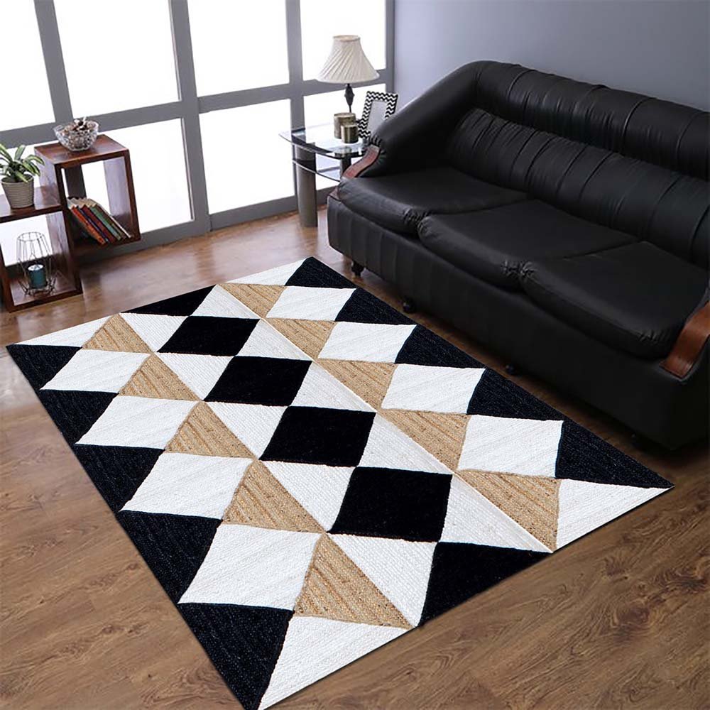 Black White Jute Rug Handmade Floor Carpet - Image 2
