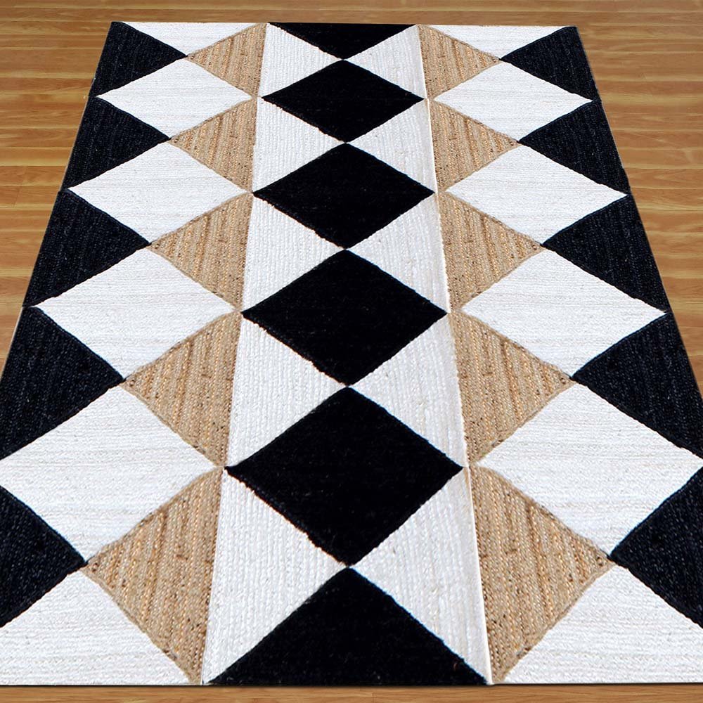 Black White Jute Rug Handmade Floor Carpet - Image 3