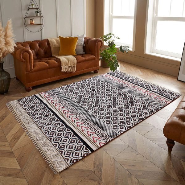 Handmade Cotton Black Block Printed Rug - Image 2