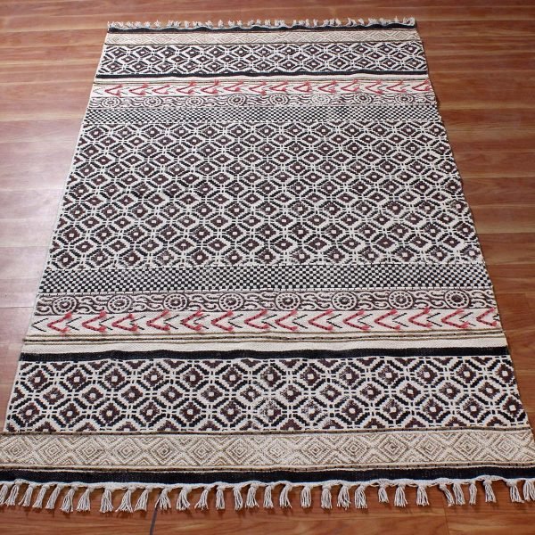 Handmade Cotton Black Block Printed Rug - Image 3