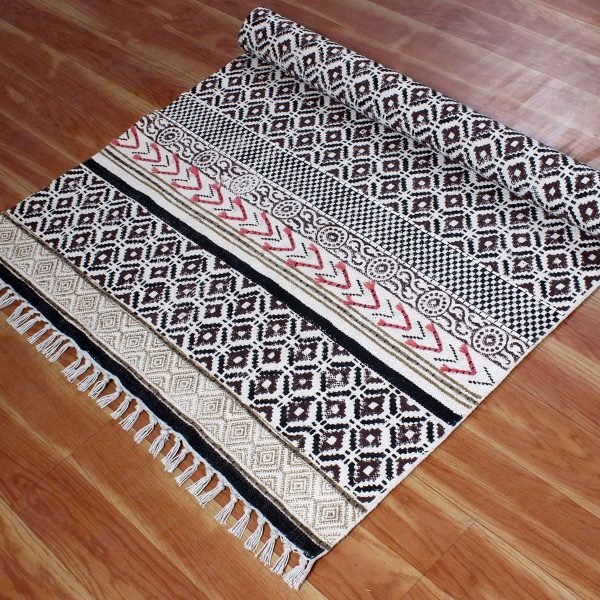 Handmade Cotton Black Block Printed Rug - Image 6