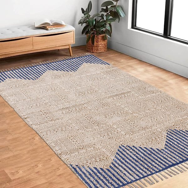 Handmade Geometric Cotton Blue Area Rug - Image 2