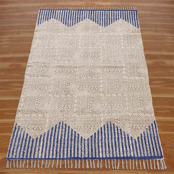 Handmade Geometric Cotton Blue Area Rug - Image 3
