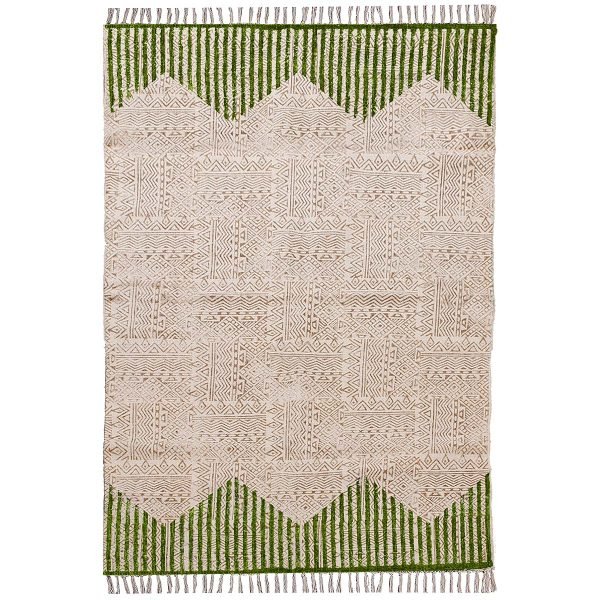 Cotton Hand Block Printed Green Area Rug