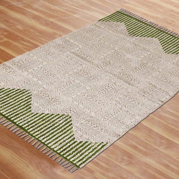 Cotton Hand Block Printed Green Area Rug - Image 5