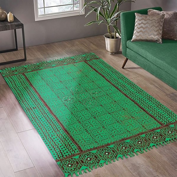 Green Hand Block Printed Cotton Rug - Image 2