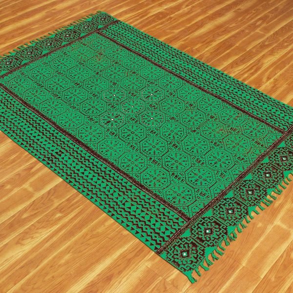 Green Hand Block Printed Cotton Rug - Image 3