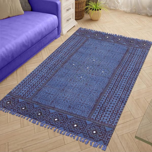 Cotton Blue Handmade Block Printed Rug - Image 2