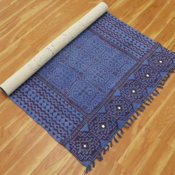 Cotton Blue Handmade Block Printed Rug - Image 4