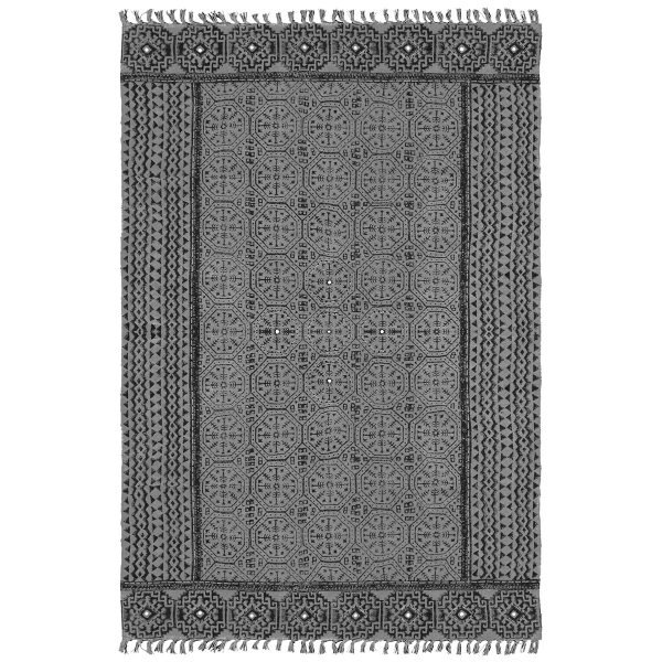 Hand Block Printed Geometric Grey Cotton Rug