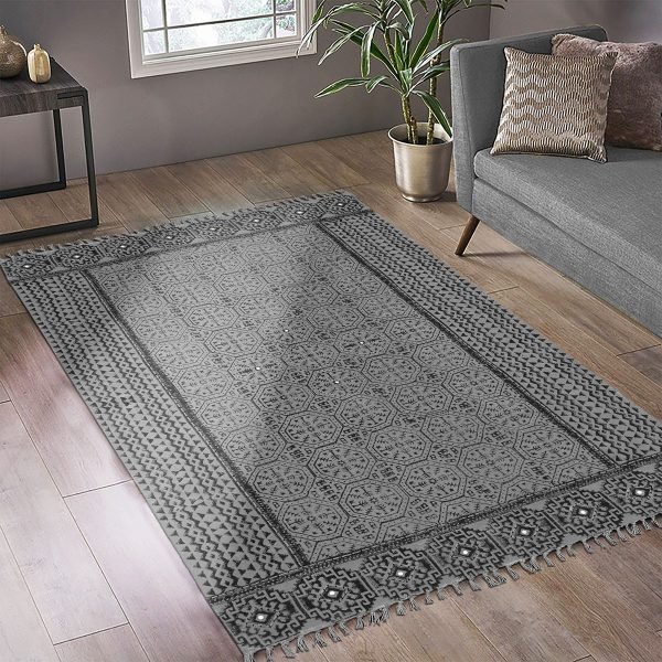 Hand Block Printed Geometric Grey Cotton Rug - Image 2