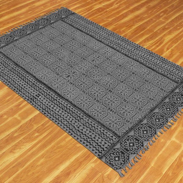 Hand Block Printed Geometric Grey Cotton Rug - Image 3