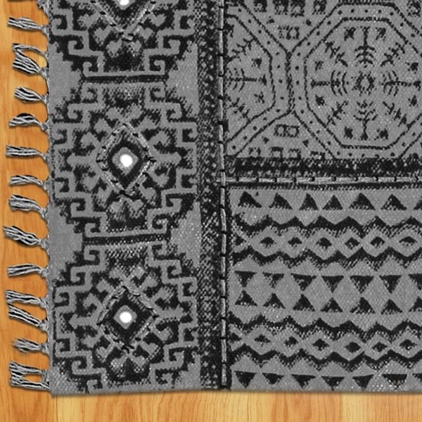 Hand Block Printed Geometric Grey Cotton Rug - Image 4