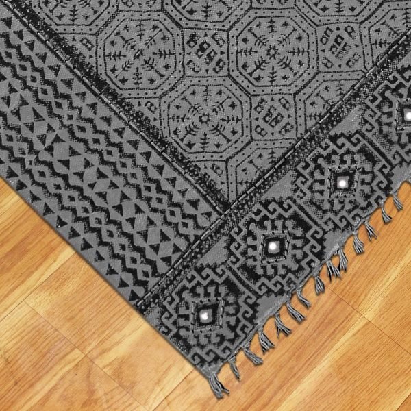 Hand Block Printed Geometric Grey Cotton Rug - Image 6