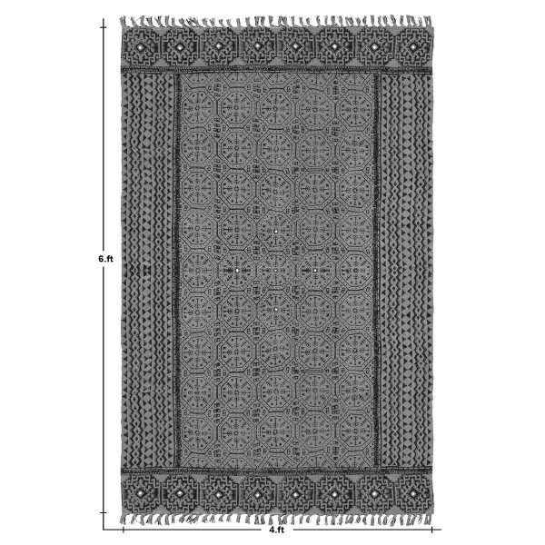 Hand Block Printed Geometric Grey Cotton Rug - Image 7