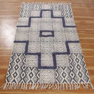 Blue Geometric Cotton Handblock Printed Rug