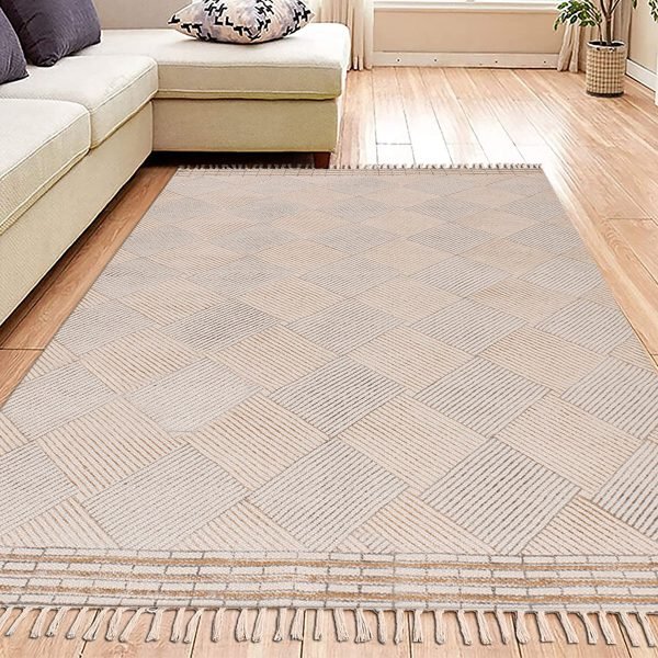 Beige Hand Block Printed Living Area Rug - Image 2