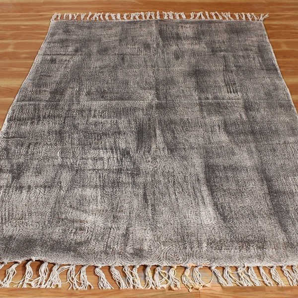 Natural Cotton Grey Block Printed Carpet - Image 3