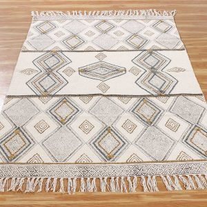 Cotton Hand Block Printed Beige Rug
