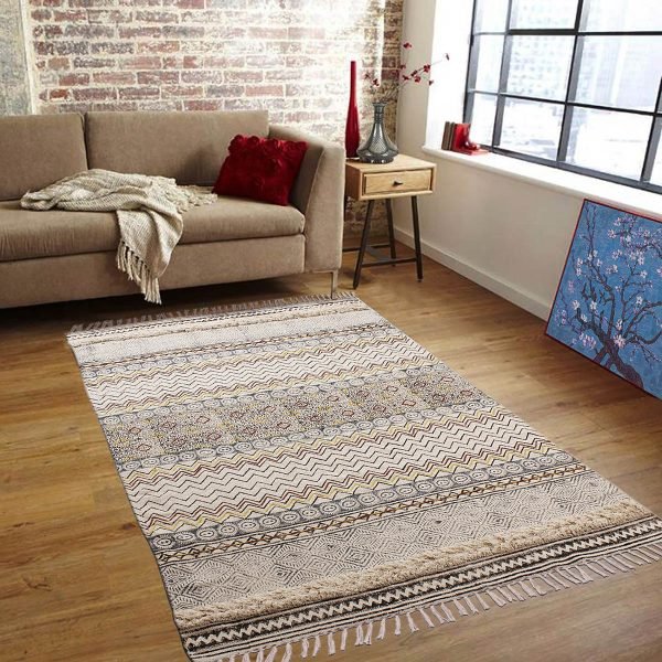 Beige Cotton Handmade Block Printed Area Rug - Image 2