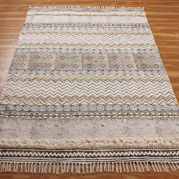 Beige Cotton Handmade Block Printed Area Rug - Image 3