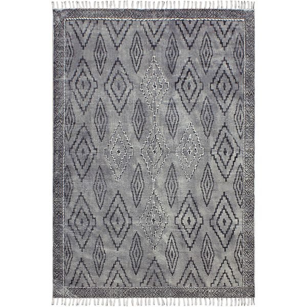 Hand Block Printed Gray Cotton Geometric Rug