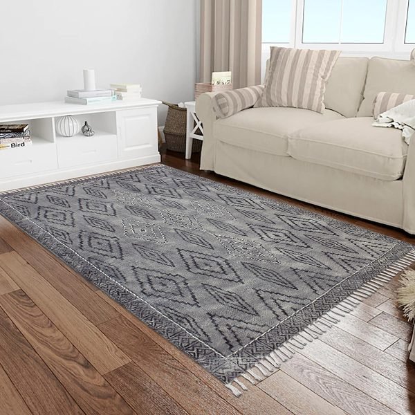 Hand Block Printed Gray Cotton Geometric Rug - Image 2