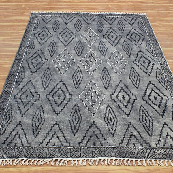 Hand Block Printed Gray Cotton Geometric Rug - Image 3