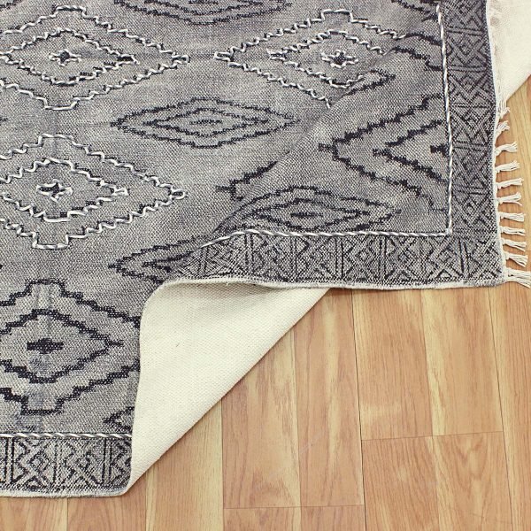 Hand Block Printed Gray Cotton Geometric Rug - Image 4