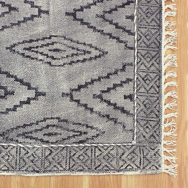 Hand Block Printed Gray Cotton Geometric Rug - Image 5