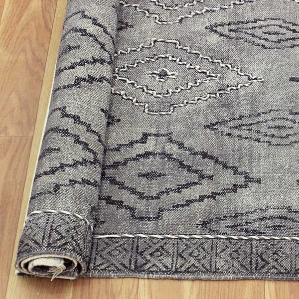 Hand Block Printed Gray Cotton Geometric Rug - Image 6