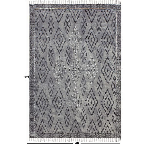Hand Block Printed Gray Cotton Geometric Rug - Image 8