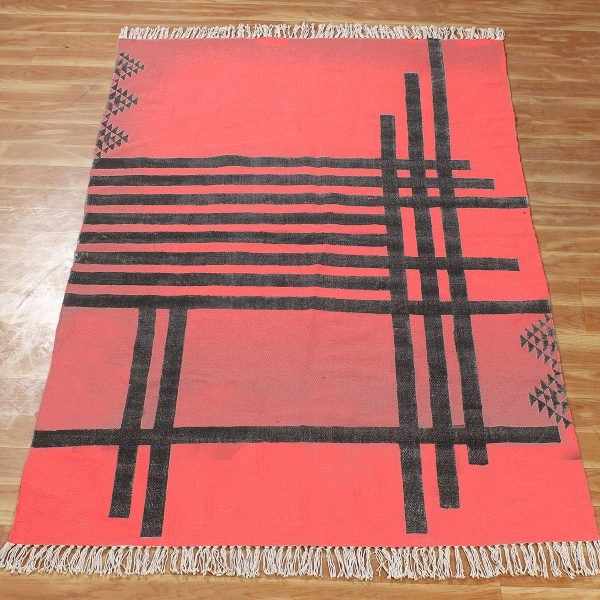 Handmade Cotton Block Printed Red Area Rug - Image 3