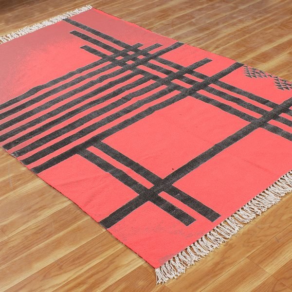 Handmade Cotton Block Printed Red Area Rug - Image 4