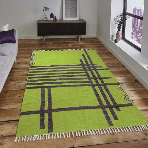 Green Cotton Handmade Geometric Floor Carpet - Image 2