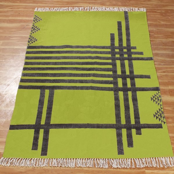 Green Cotton Handmade Geometric Floor Carpet - Image 3