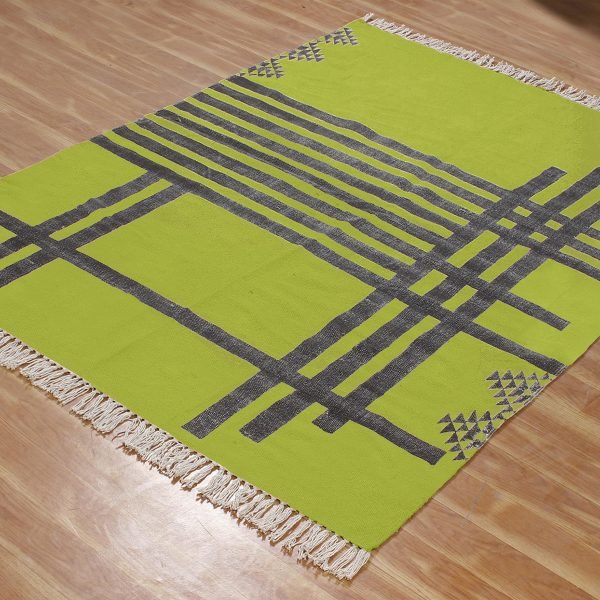 Green Cotton Handmade Geometric Floor Carpet - Image 4