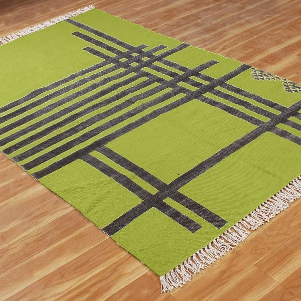 Green Cotton Handmade Geometric Floor Carpet - Image 6