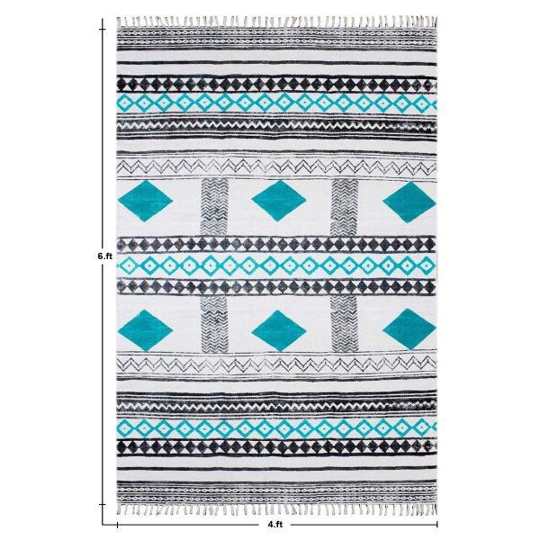 Hand Block Print Turquoise Rectangle Cotton Area Rug - Image 7