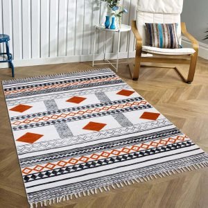 Orange Cotton Hand Block Printing Area Rug