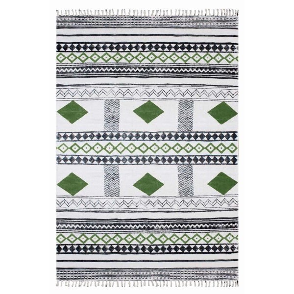 Green Cotton Hand Block Printing Area Rug