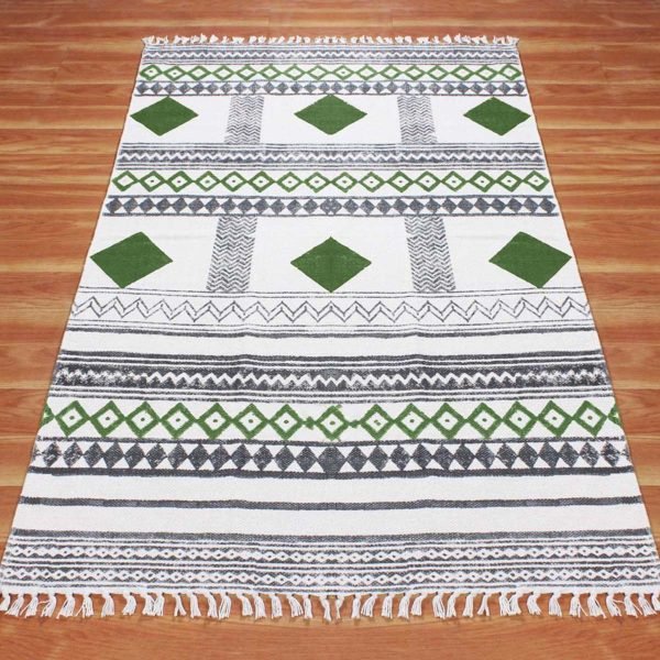 Green Cotton Hand Block Printing Area Rug - Image 3