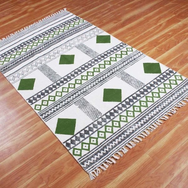 Green Cotton Hand Block Printing Area Rug - Image 4