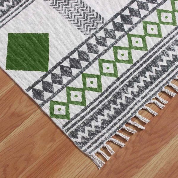 Green Cotton Hand Block Printing Area Rug - Image 5