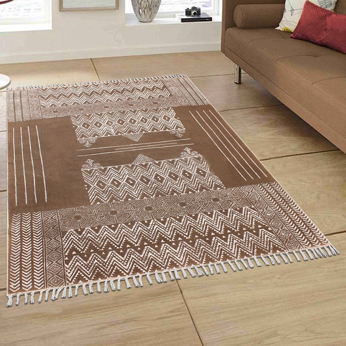Brown Hand Block printed Cotton Area Rug - Image 2