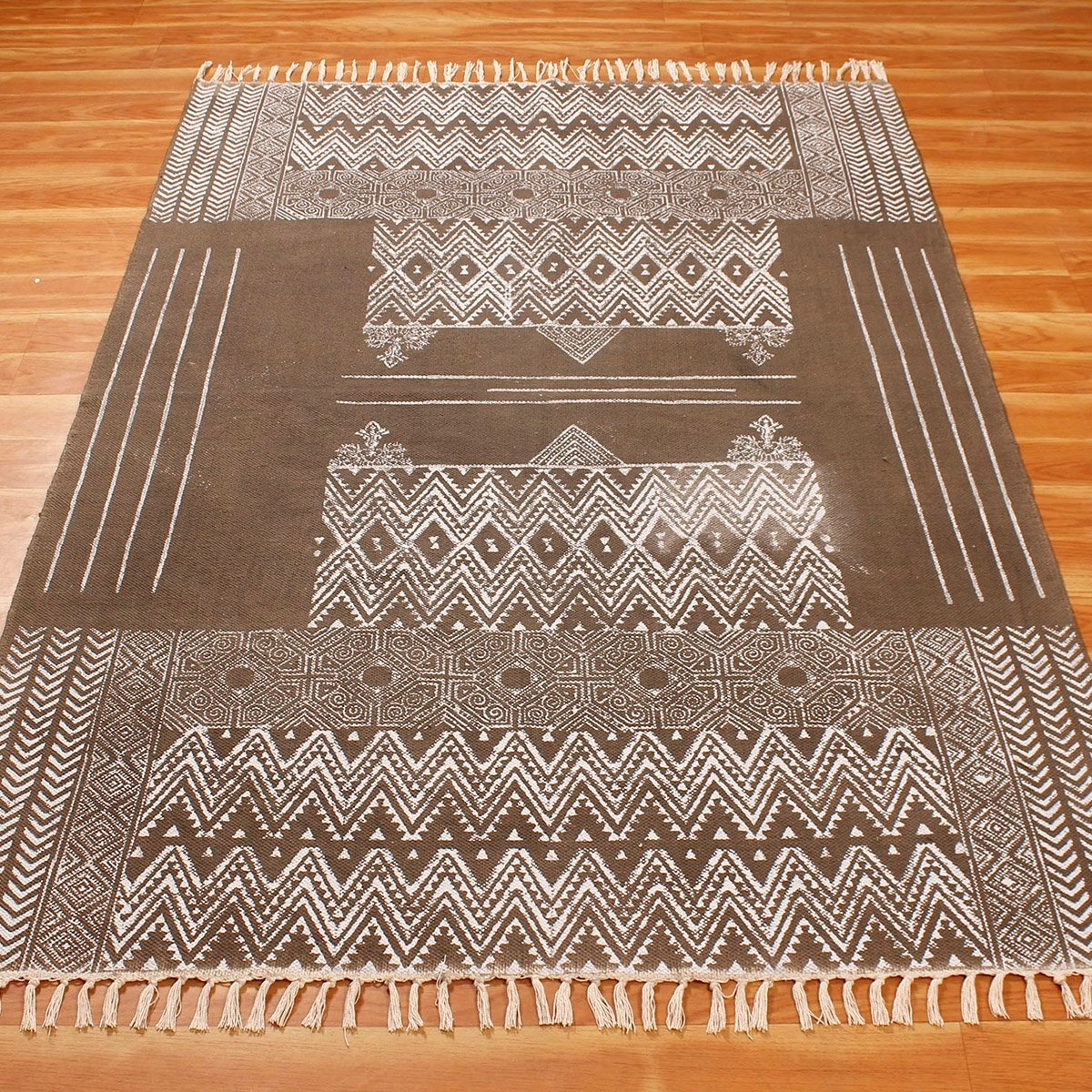Brown Hand Block printed Cotton Area Rug - Image 3