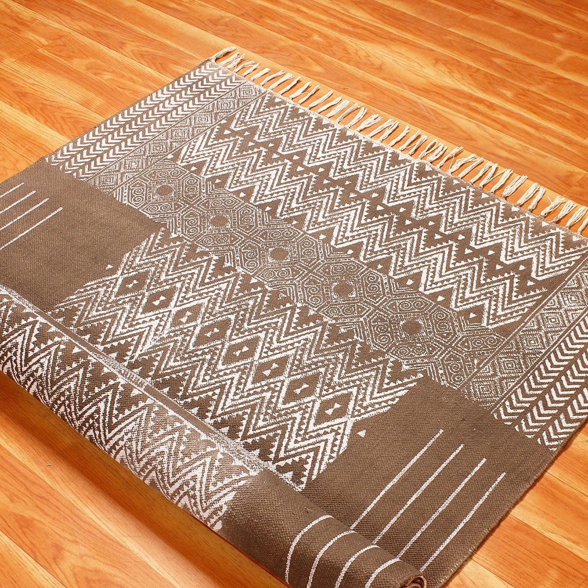 Brown Hand Block printed Cotton Area Rug - Image 4